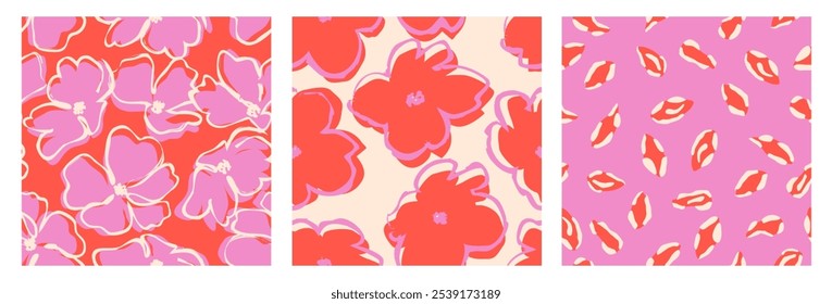 Set of hand drawn flowers, seamless patterns with floral for fabric, textiles, clothing, wrapping paper, cover, banner, interior decor, abstract backgrounds.