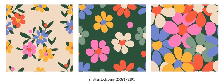 Conjunto de flores dibujadas a mano, patrones sin fisuras con flores para tela, textiles, prendas de vestir, papel de regalo, cubierta, Anuncio, decoración de interiores, fondos abstractos.