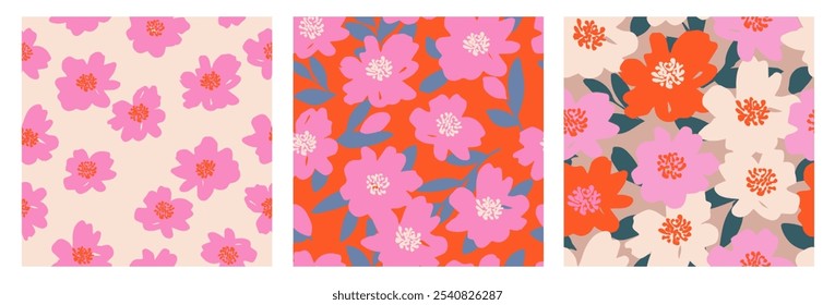 Conjunto de flores dibujadas a mano, patrones sin fisuras con flores para tela, textiles, prendas de vestir, papel de regalo, cubierta, Anuncio, decoración de interiores, fondos abstractos.