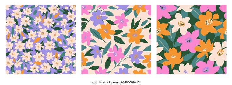 Set of hand drawn flowers, seamless patterns with floral for fabric, textiles, clothing, packaging, covers, posters, banners, wallpaper, interior decor, natural backgrounds.