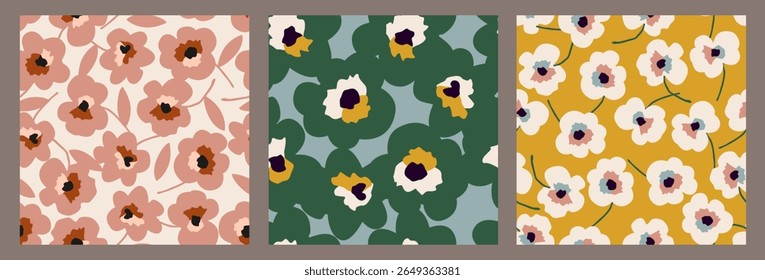Set of hand drawn flowers, seamless patterns with floral for fabric, textiles, clothing, packaging, cards, covers, banners, posters, wallpaper, interior decor, abstract backgrounds.