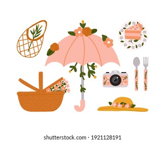 Set Hand drawn Flowers Summer Spring Picnic with umbrella, reusable shopping bag mesh, picnic basket, cute camera, straw hat, plate, cake spoon and fork elements flat vector illustration.