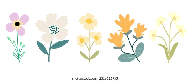 Set of hand drawn Flowers vector. Colorful trendy illustration. Perfect for posters, instagram posts, stickers.