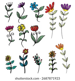 Conjunto de flores dibujadas a mano. Ilustración vectorial aislada sobre fondo blanco.