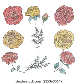 Set of hand drawn flowers. Watercolor and liner