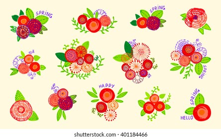 Set with hand drawn flowers and the words Hello Spring