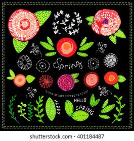 Set with hand drawn flowers and the words Hello Spring