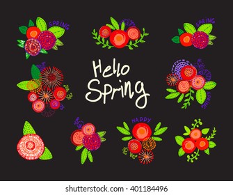 Set with hand drawn flowers and the words Hello Spring