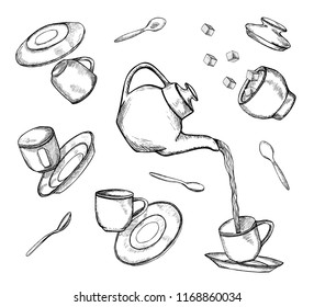 Set of hand drawn flying and falling tea cups, plates and pot icons isolated on white background. Sketched black and white vector illustration