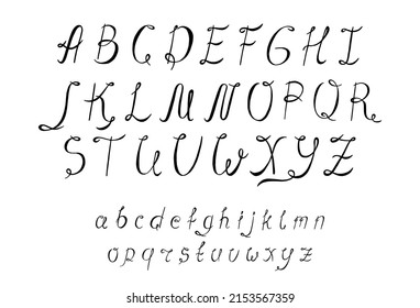Satz handgezeichneter Schrift mit Groß- und Kleinschreibung. Skriptalphabet-Buchstaben für Design. Kalligrafie malte Schrift einzeln auf Weiß. Kreative Abc im handgezeichneten Pinselstil. Vektorgrafik.