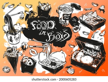 Set von handgezeichneten Lebensmitteln in Kartons einzeln auf Farbhintergrund, doodle Sammlung von Fastfood. Farbige Vektorgrafik: Hamburger, Pommes frites, Pommes frites, Zwiebelringe, Nachos, Nudeln