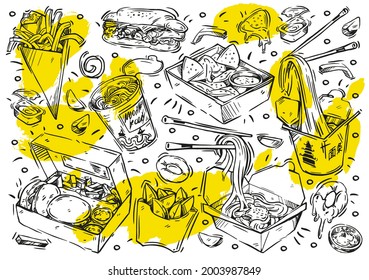 Set of hand drawn food in boxes isolated on white background. Doodle collection of fast food. Vector illustrations: burger, french fries, country style fries, onion rings, nachos, noodles, sandwich