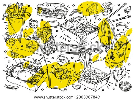Set of hand drawn food in boxes isolated on white background. Doodle collection of fast food. Vector illustrations: burger, french fries, country style fries, onion rings, nachos, noodles, sandwich