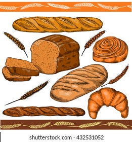 Set of hand drawn food: bread, french baguette, croissant and bun. Vector illustration, isolated on white.
