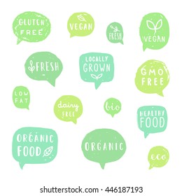 Set of hand drawn food bubbles. Organic, fresh, vegan, locally grown. Vector illustration