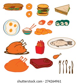 Set of hand drawn food, chicken, sandwich, burger, rice, fries, fish, eggs. Vector illustration.