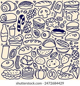 Set of hand drawn food, doodles set of fast food