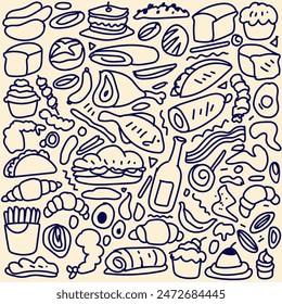Set of hand drawn food, doodles set of fast food