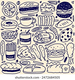 Set of hand drawn food, doodles set of fast food