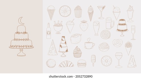 Set of hand drawn food and drink illustrations featuring cake, pizza, drinks, ice cream and more drawing.
