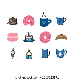 Set of hand drawn food icons isolated on a white background.Food doodles.Pancake,doughnut,macaron,
birthday cake,ice cream, croissant,cupcake,hot chocolate,tea,coffee cup,mug icons.
