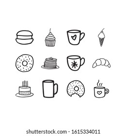Set of hand drawn food icons isolated on a white background.Food doodles.Pancake,doughnut,macaron,
birthday cake,ice cream, croissant,cupcake,hot chocolate,tea,coffee cup,mug icons.