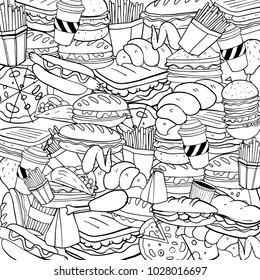 Set of hand drawn food isolated on white background, doodle set of fast food. Vector illustration