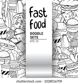 Set of hand drawn food isolated on white background, doodle set of fast food. Vector illustration