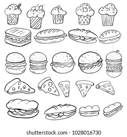 Set of hand drawn food isolated on white background, doodle set of fast food. Vector illustration