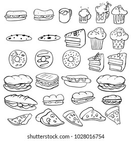 Set of hand drawn food isolated on white background, doodle set of fast food. Vector illustration