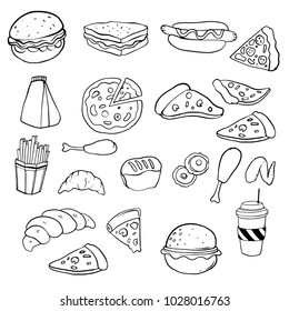 Set of hand drawn food isolated on white background, doodle set of fast food. Vector illustration