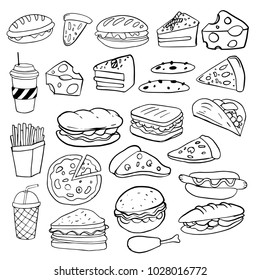 Set of hand drawn food isolated on white background, doodle set of fast food. Vector illustration