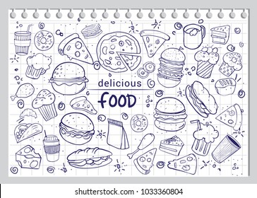 Set of hand drawn food isolated on white paper background, Doodle Vector illustration.