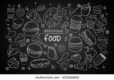 Set of hand drawn food isolated on black background, doodle set of fast food. Vector illustration