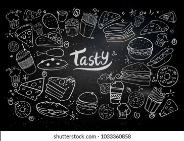 Set Of Hand Drawn Food Isolated On Black Background, Doodle Set Of Fast Food. Vector Illustration