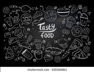 Set of hand drawn food isolated on black background, doodle set of fast food. Vector illustration