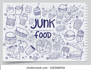 Set of hand drawn food isolated on white paper background, Doodle Vector illustration.