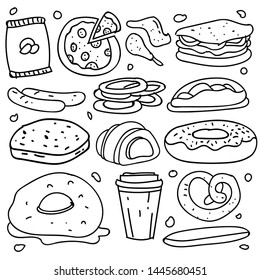 Set of hand drawn food isolated on white background, doodle set of fast food. Vector illustration