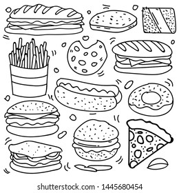 Set of hand drawn food isolated on white background, doodle set of fast food. Vector illustration