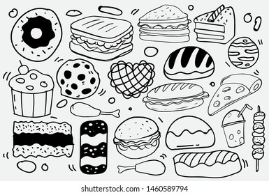Set of hand drawn food isolated on white background, doodle set of fast food. Vector illustration