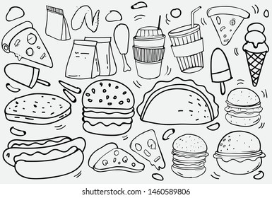 Set of hand drawn food isolated on white background, doodle set of fast food. Vector illustration