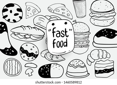 Set of hand drawn food isolated on white background, doodle set of fast food. Vector illustration