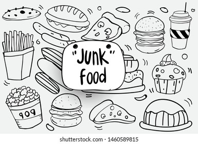 Set of hand drawn food isolated on white background, doodle set of fast food. Vector illustration