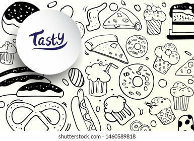 Set of hand drawn food isolated on white background, doodle set of fast food. Vector illustration