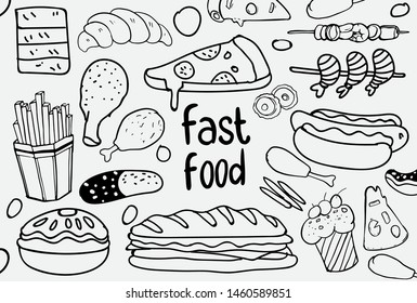 Set of hand drawn food isolated on white background, doodle set of fast food. Vector illustration