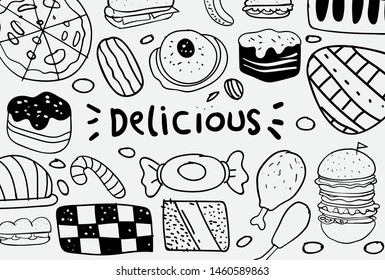 Set of hand drawn food isolated on white background, doodle set of fast food. Vector illustration