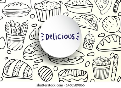 Set of hand drawn food isolated on white background, doodle set of fast food. Vector illustration