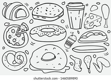 Set of hand drawn food isolated on white background, doodle set of fast food. Vector illustration