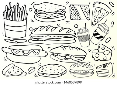 Set of hand drawn food isolated on white background, doodle set of fast food. Vector illustration