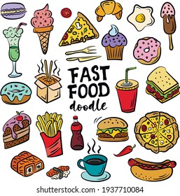 Set of hand drawn food isolated on white background, doodle set of fast food. Colored vector illustration